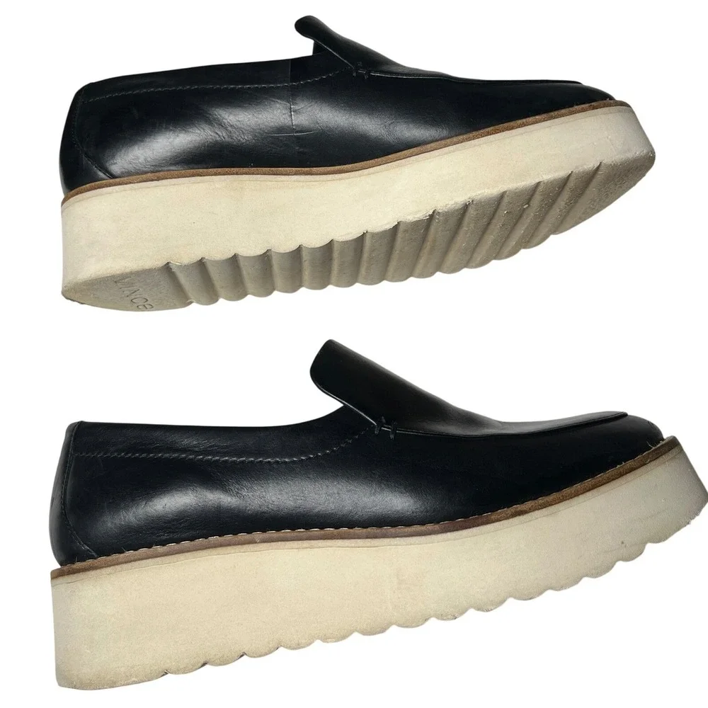 Vince Black Leather Platform Slip On Loafers Flatform Shoes US 7M EUR 37‎